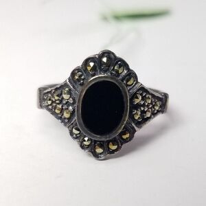 Vintage Sterling Silver Black Onyx Marcasite Oval Ring, Size 8 Band, Deadstock